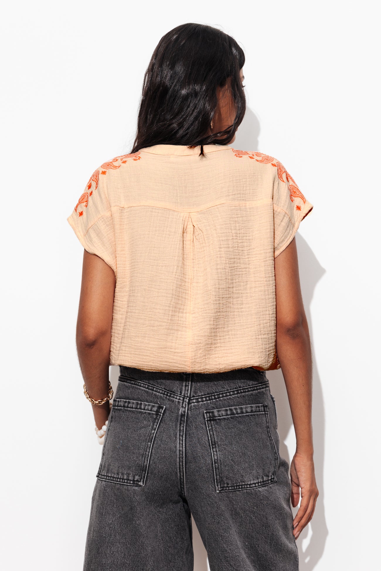 Blouse brodée en gaze de coton - Abricot – Image 3