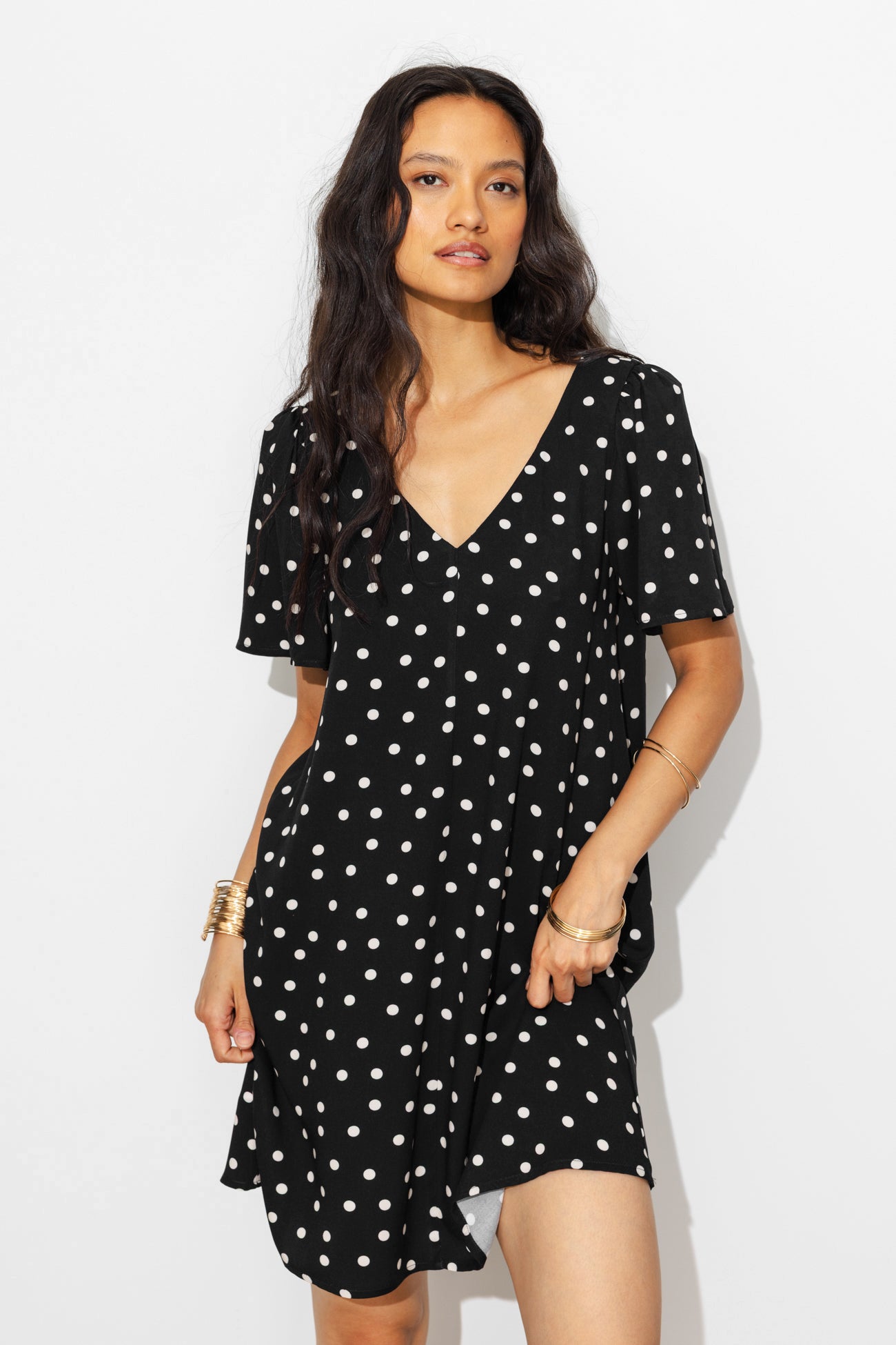 Robe courte à pois Femme – Imprimé noir