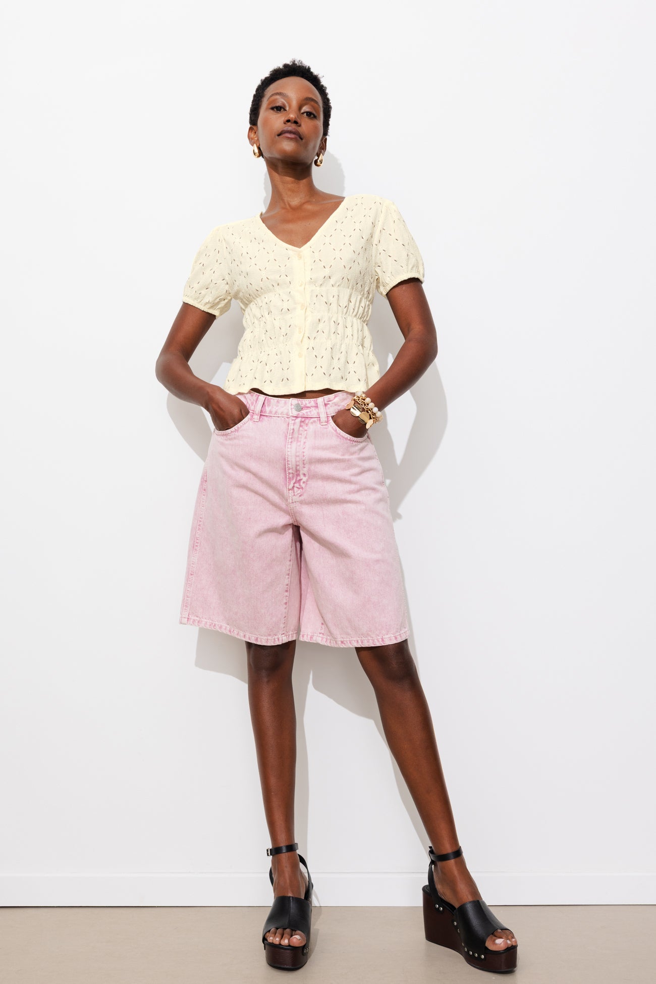 T-shirt smocké ajouré Femme – Ecru