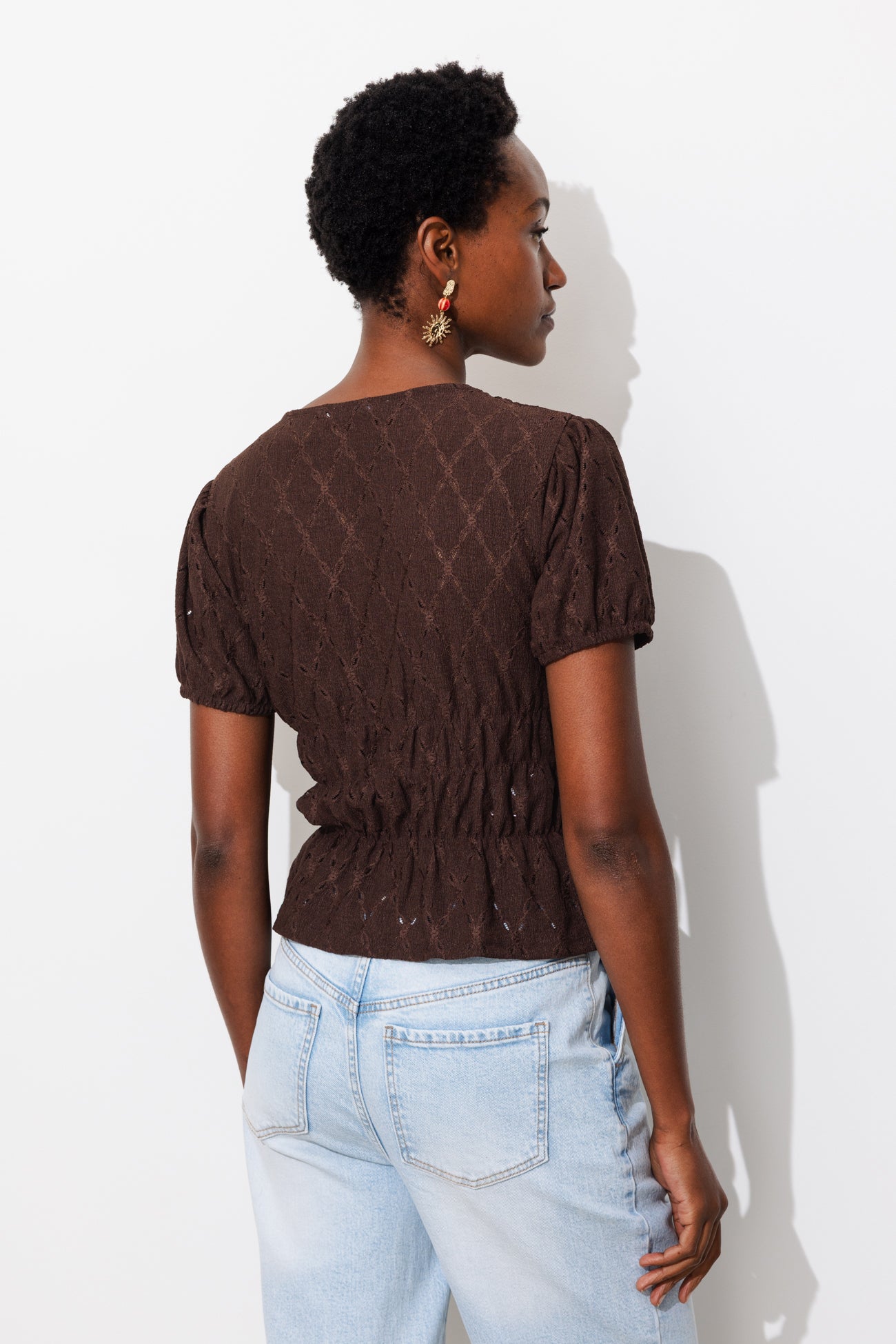 T-shirt smocké ajouré Femme - Marron – Image 3