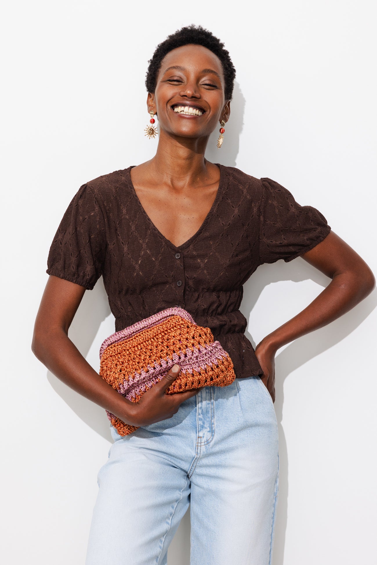 T-shirt smocké ajouré Femme - Marron