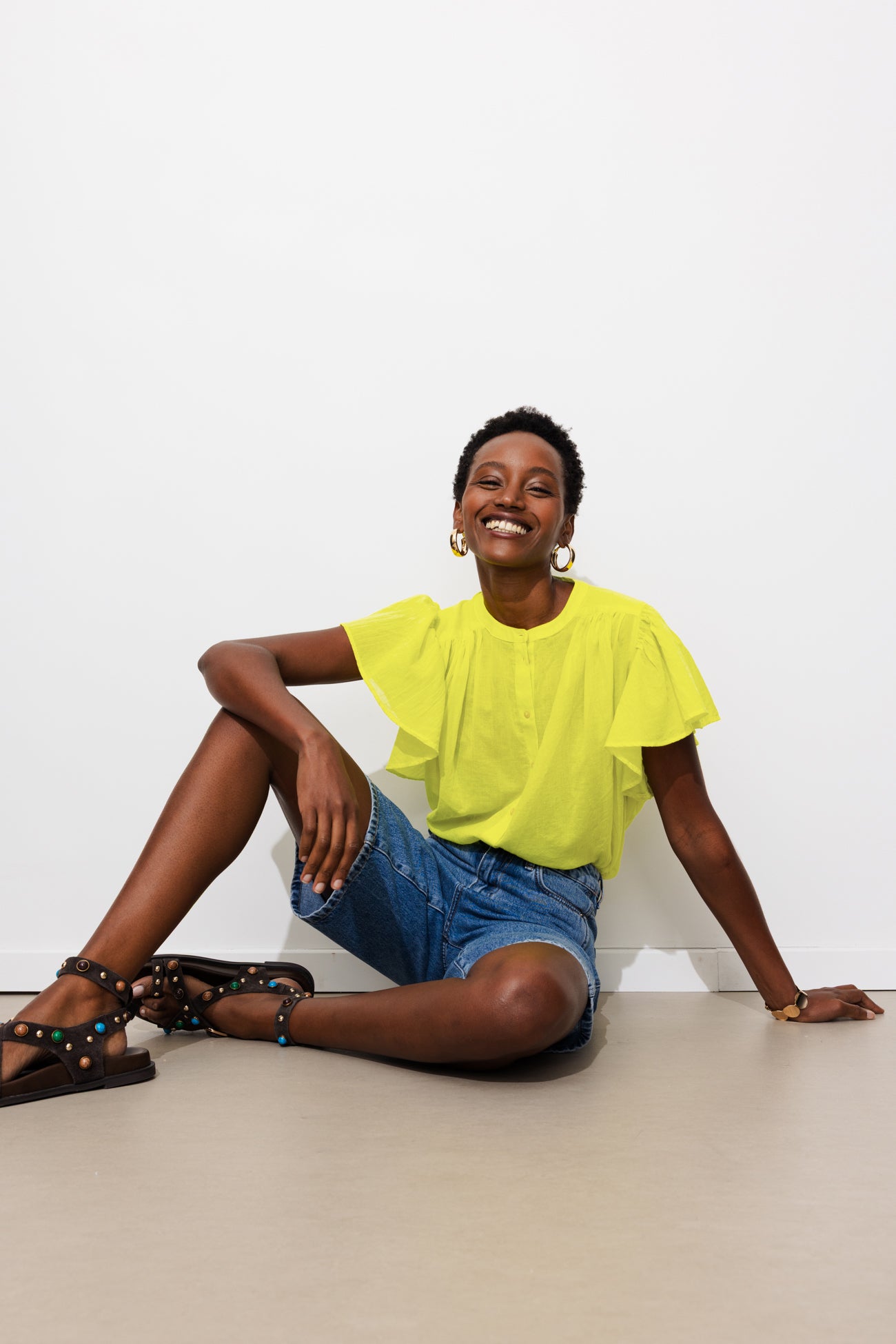 Chemise en cotonnade unie – Jaune fluo
