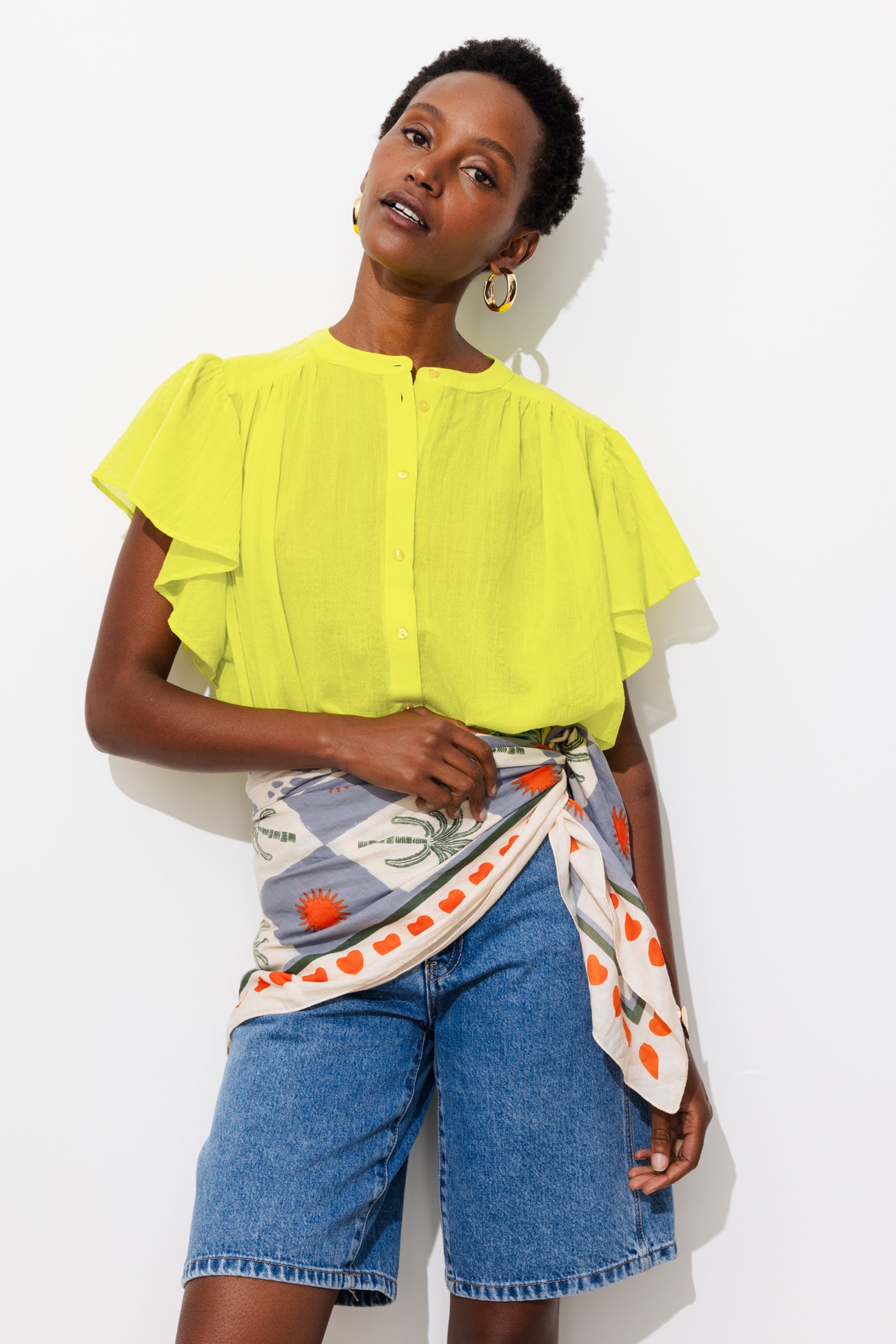 Chemise en cotonnade unie – Jaune fluo