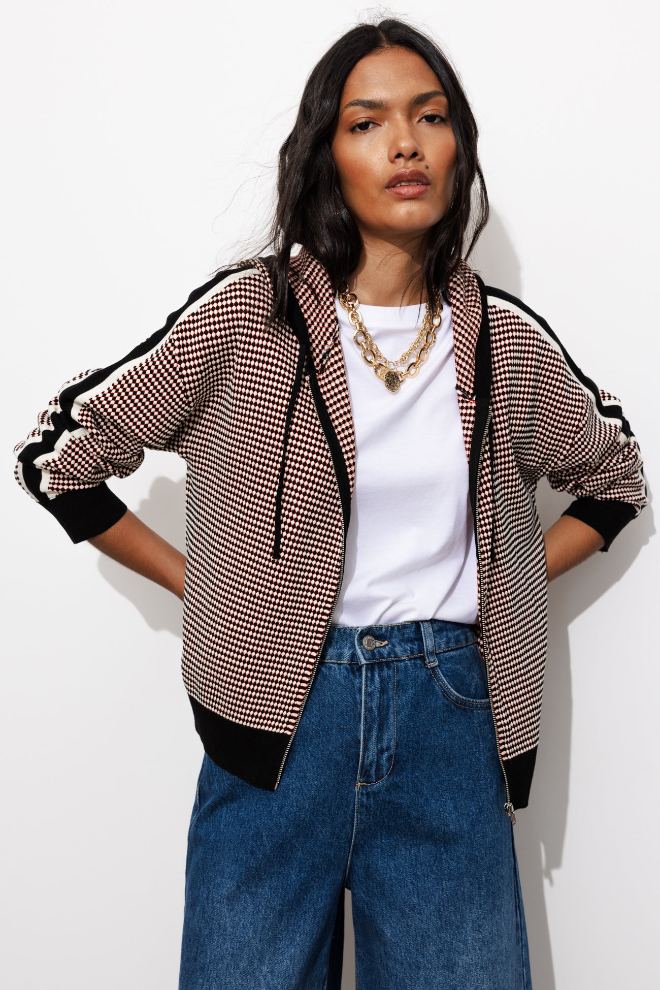 Cardigan à capuche en jacquard - Imprimé écru