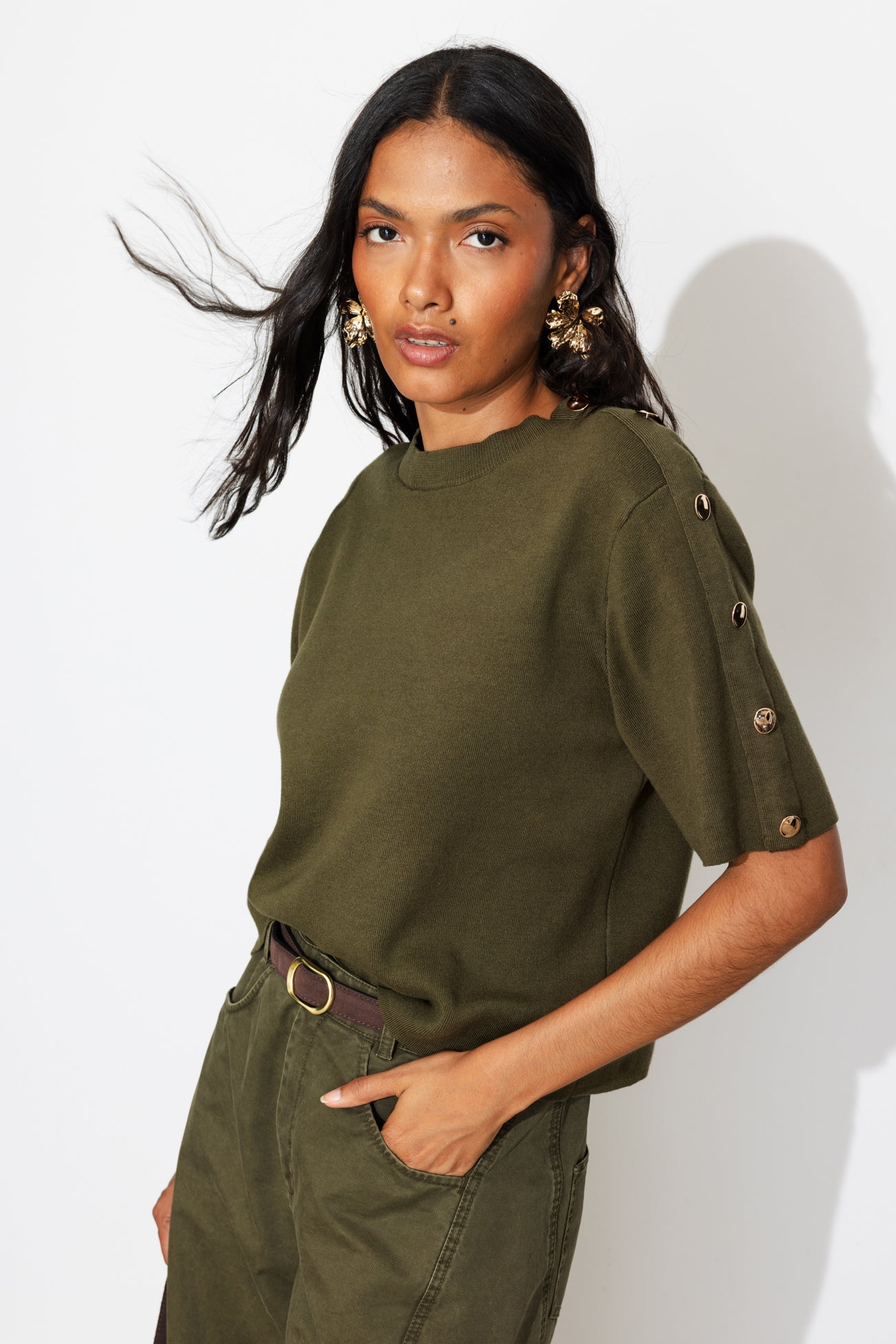 Pull manches courtes Femme - Kaki