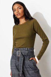 T-shirt côtelé manches longues – Kaki