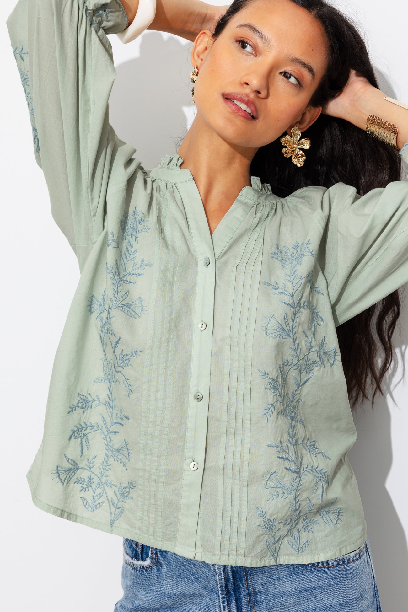 Blouse brodée Femme - Bleu mer du sud clair – Image 3