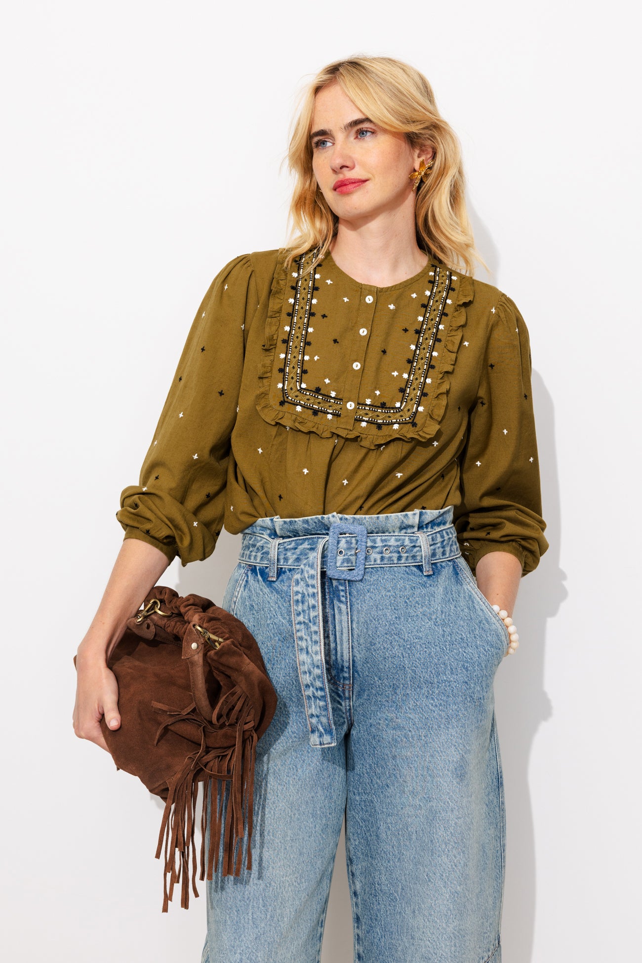 Blouse brodée à plastron - Mousse