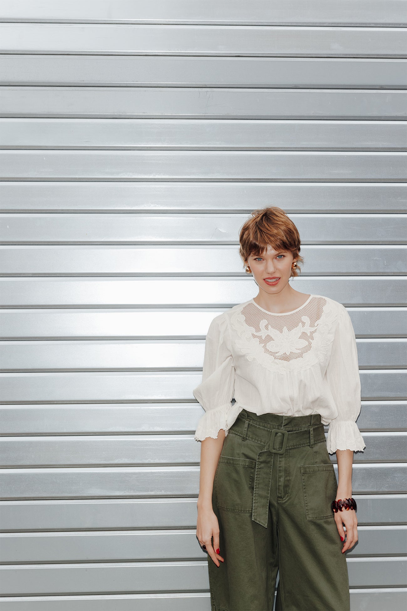Blouse romantique brodée Femme - Ecru