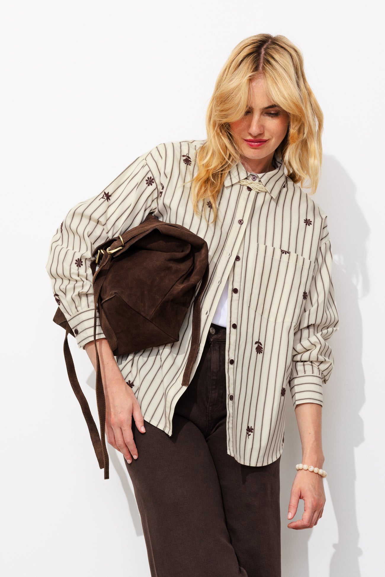 Chemise oversize rayée brodée - Rayé marron
