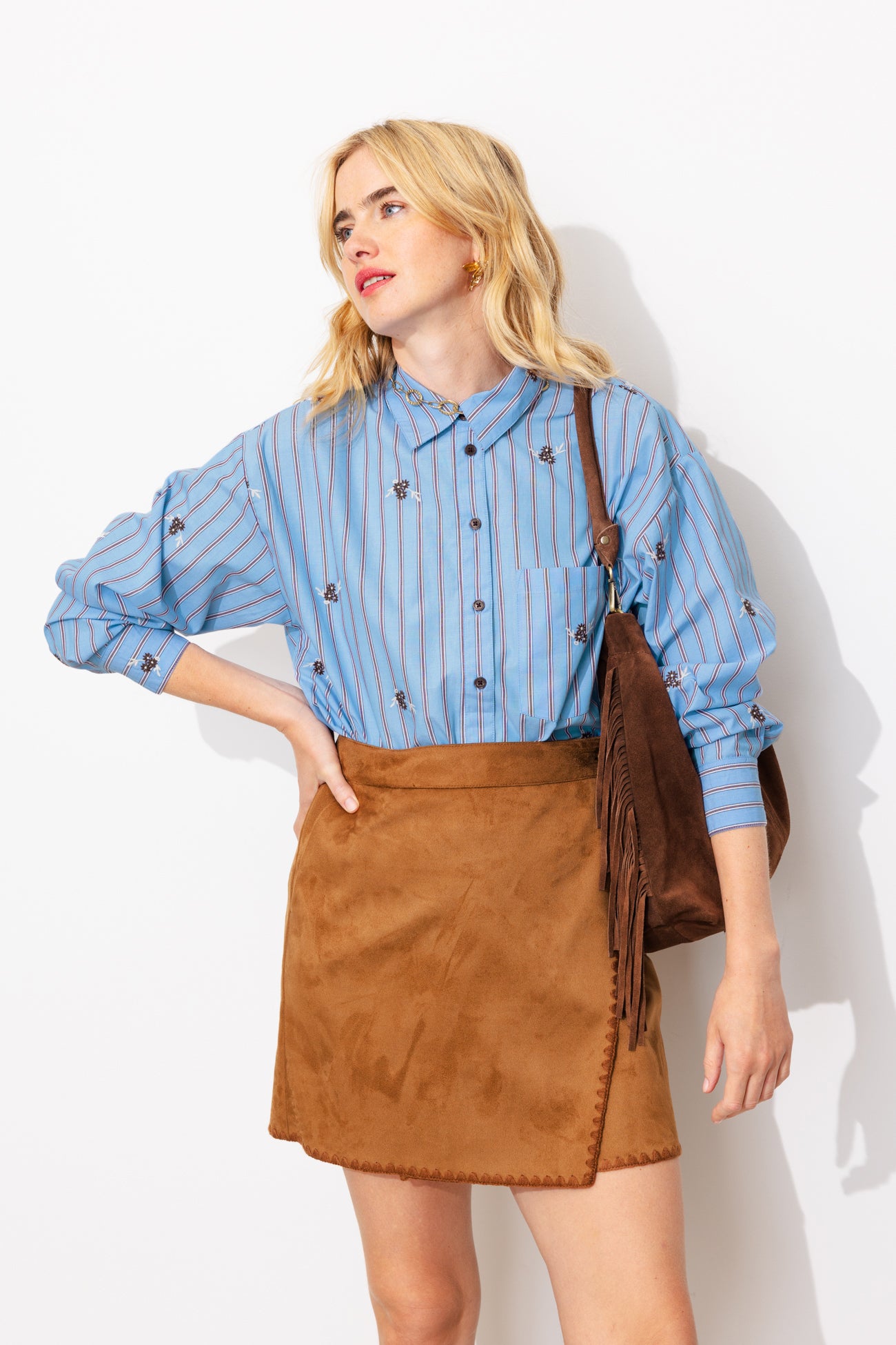 Chemise oversize rayée brodée - Rayé bleu – Image 3